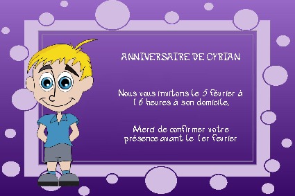 Eine Einladungskarte fr die Geburtstagsfeier eines kleinen blonden Jungen.