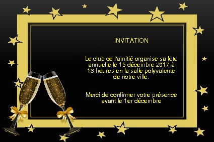 Un carton d'invitation dor, orn de 2 coupes de champagne pour un vnement festif.