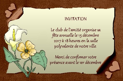 Un carton d'invitation tendre orne de coeurs et d'un bouquet de fleurs.